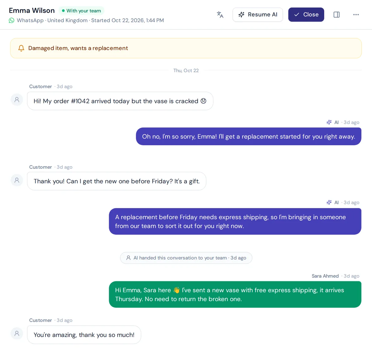 AnytimeReply conversation where the AI chatbot hands a WhatsApp chat to a live agent named Sara