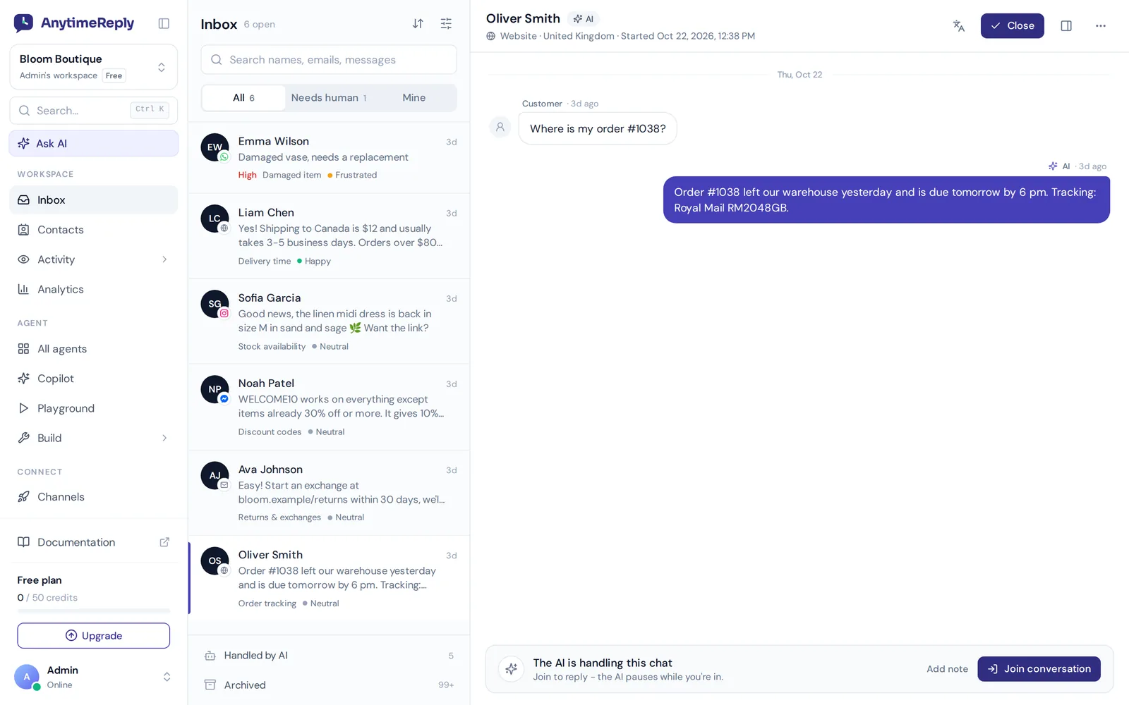 AnytimeReply shared inbox showing AI-handled chats from website, WhatsApp, Instagram, Messenger and email