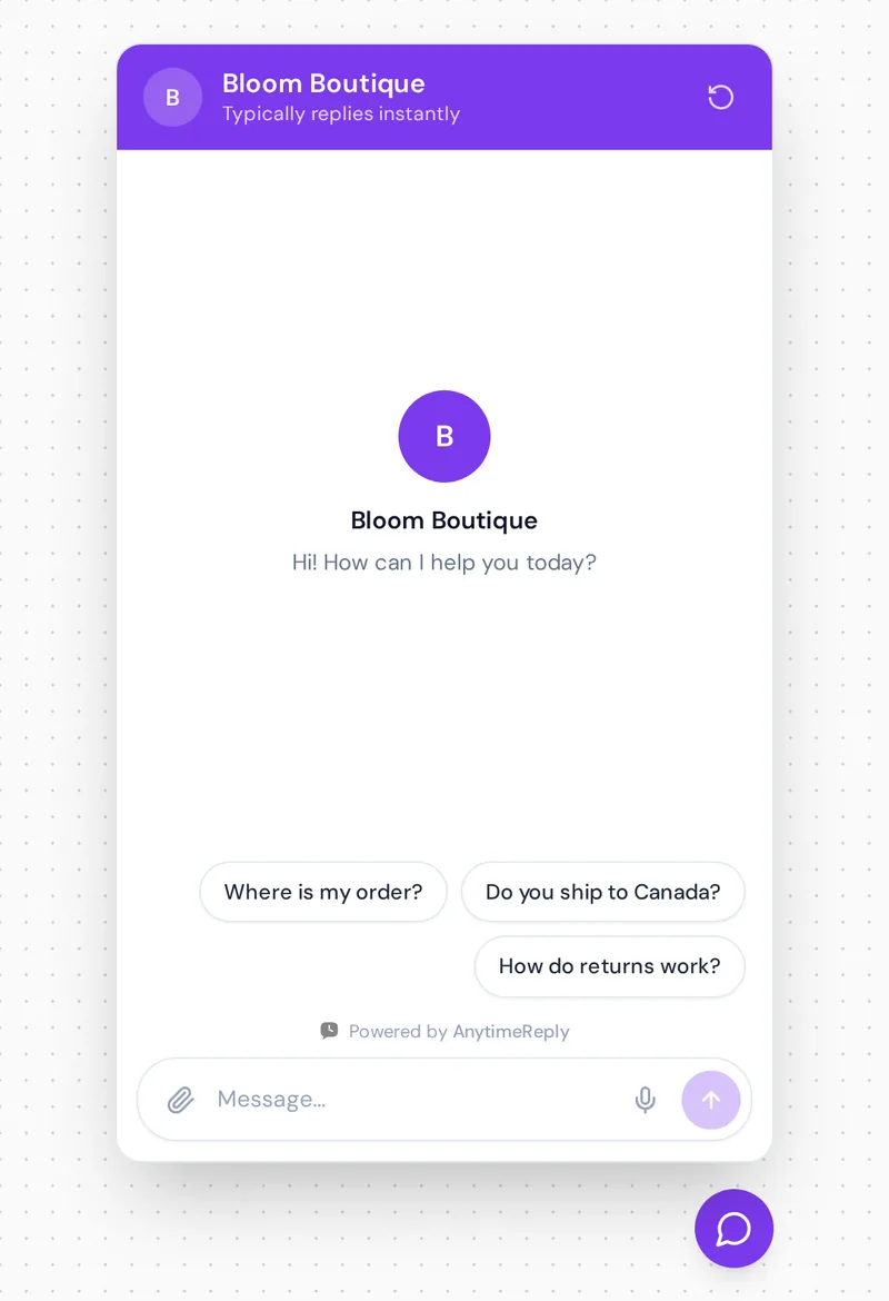 Website chat widget with suggested questions like Where is my order and Do you ship to Canada