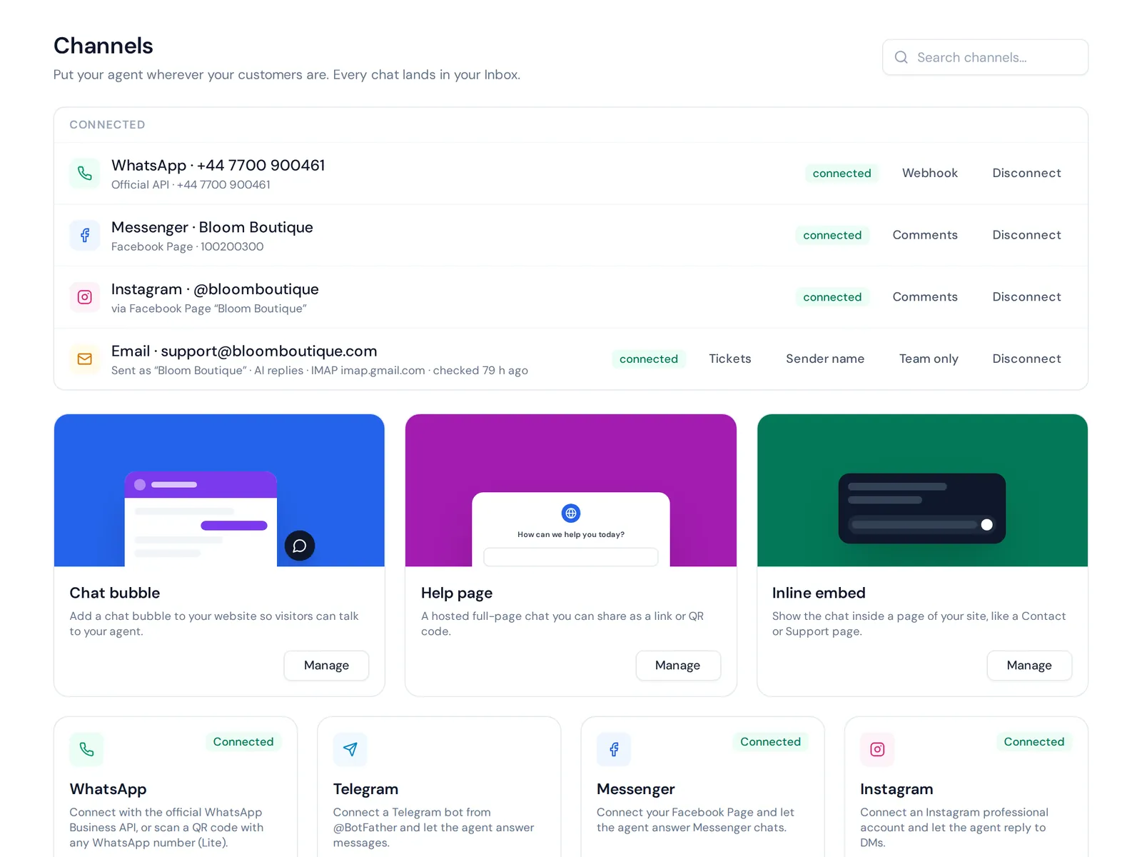 Channels page with WhatsApp, Messenger, Instagram and email connected next to website chat
