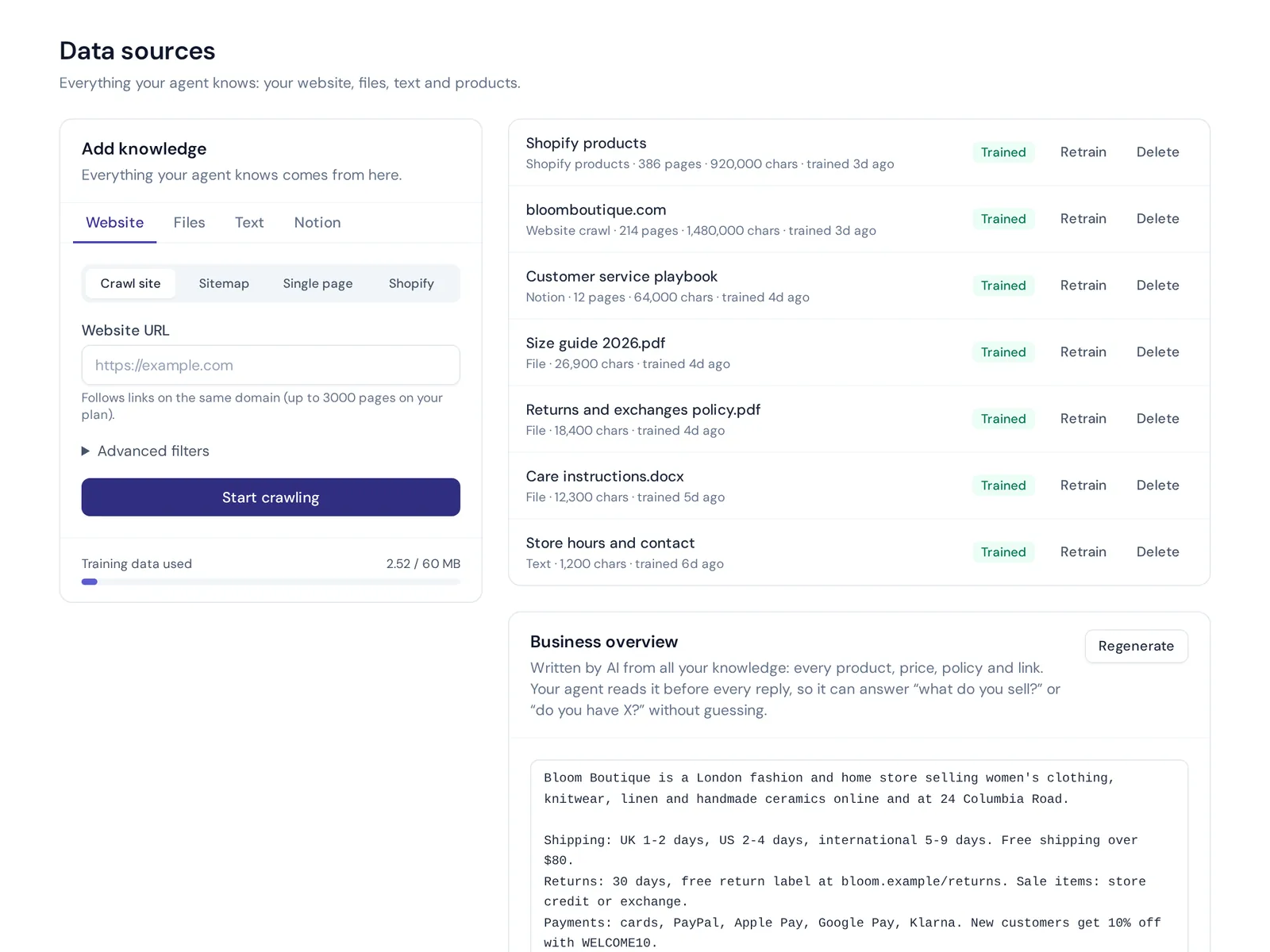 AI chatbot development training data sources including website, files, Notion and Shopify products