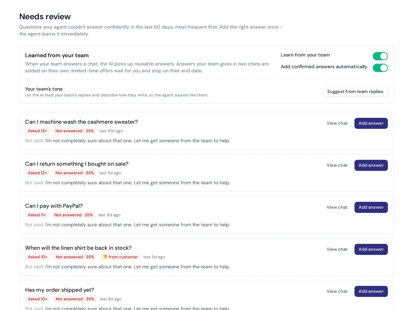 List of unanswered questions with an Add answer button